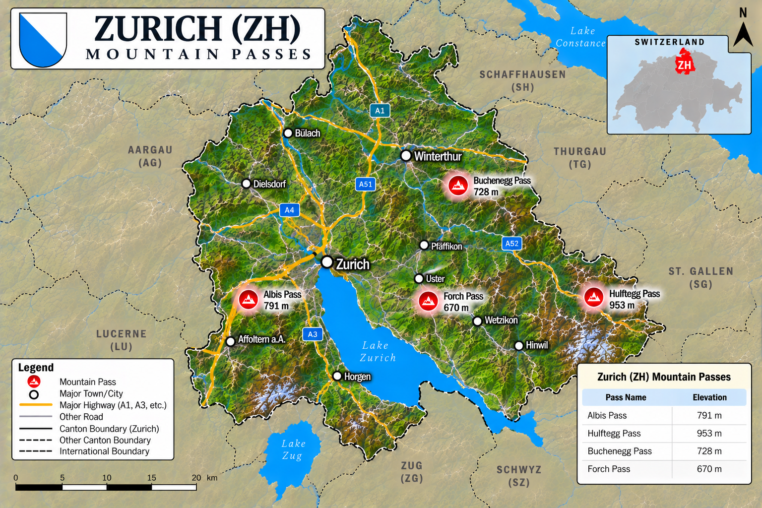 Glarus, Fribourg, Aargau & Zurich Map